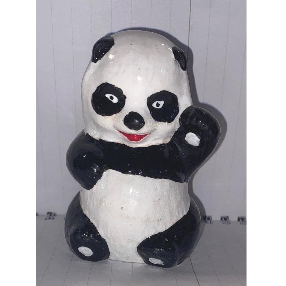 Vintage Hand Painted Ceramic Panda Bear Figurine Waving Folk Art Animal Decor